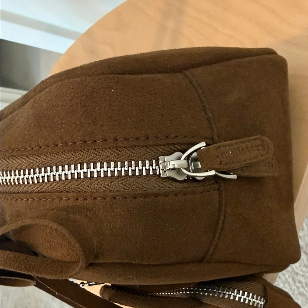 Baguette Bowling Brown Suede Double-Handle Women’s Bag with Mini Pouch keychain